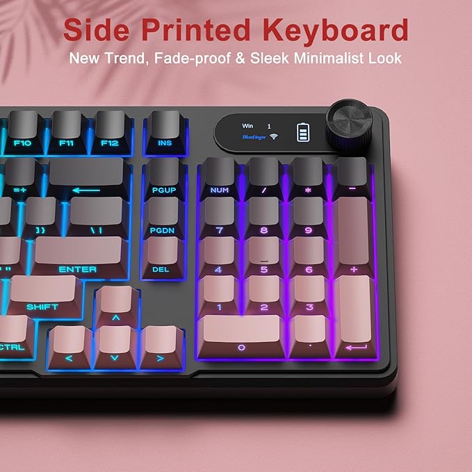 BlueFinger Wireless Gaming Keyboard RGB Backlit Tri-Mode Bluetooth/2.4G/USB-C 98 Keys Quiet Keyboard with Number Pad Volume Knob & Screen Side Printed PBT Keycaps for PC/Mac/Laptop