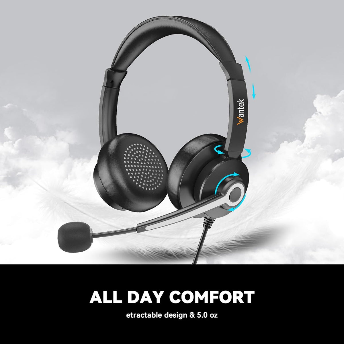 Wantek USB & 3.5mm Headset with Mic for PC/Laptop,Wired Headset with Noise-Cancelling Microphone & Audio Controls Perfect for Home Office Online Class Skype Zoom Call Center Webinar,All Day Comfort
