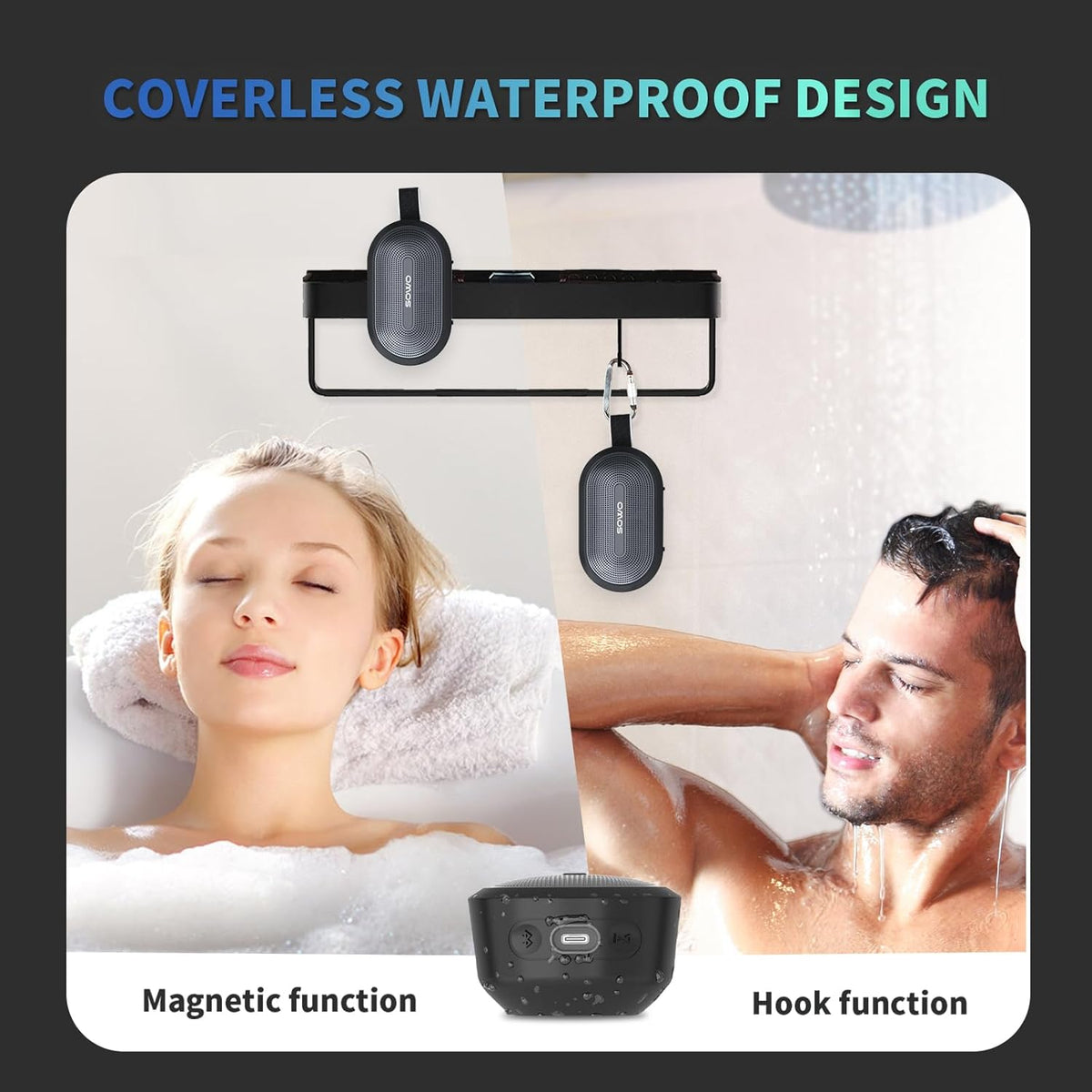 SOWO Wireless Portable Small Speaker, Ultra Magnetic Bluetooth Speaker for Golf Cart, Coverless IP67 Waterproof, 24 H Playtime, Pro Sound, Clip Hanging Design for Outdoor, Indoor - Black