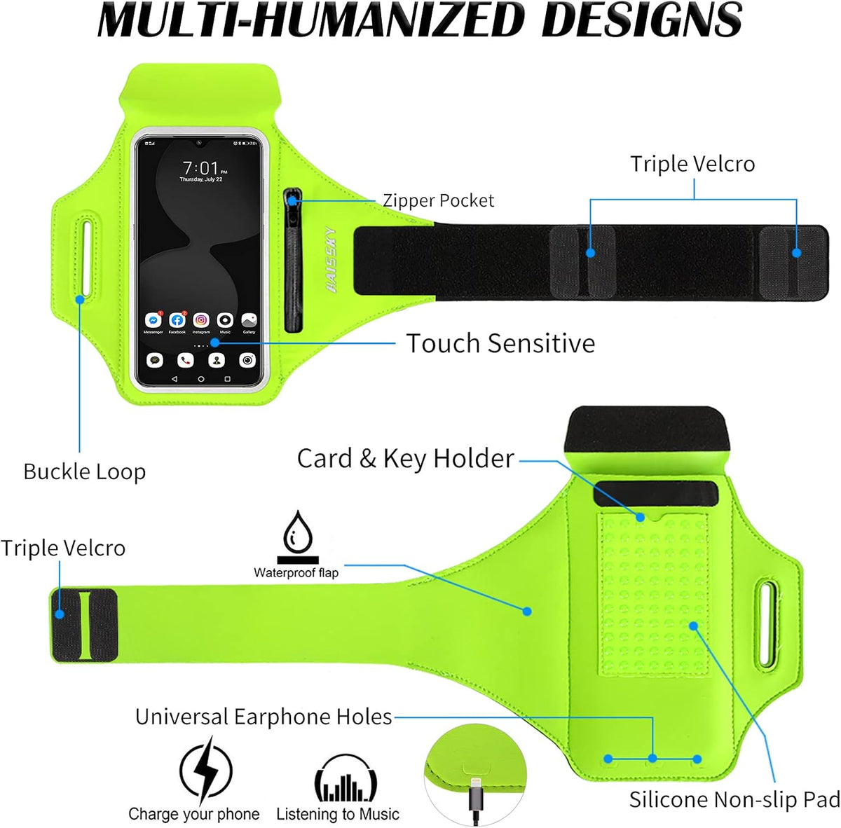 Running Armband with Earphone Bag Cell Phone Armband for iPhone 16 15 Pro 14 Plus 13 11 XR XS, Galaxy S24/S10 Water Resistant Sports Phone Holder Case & Zipper Slot Car Key Holder for 6.7 inch Phone
