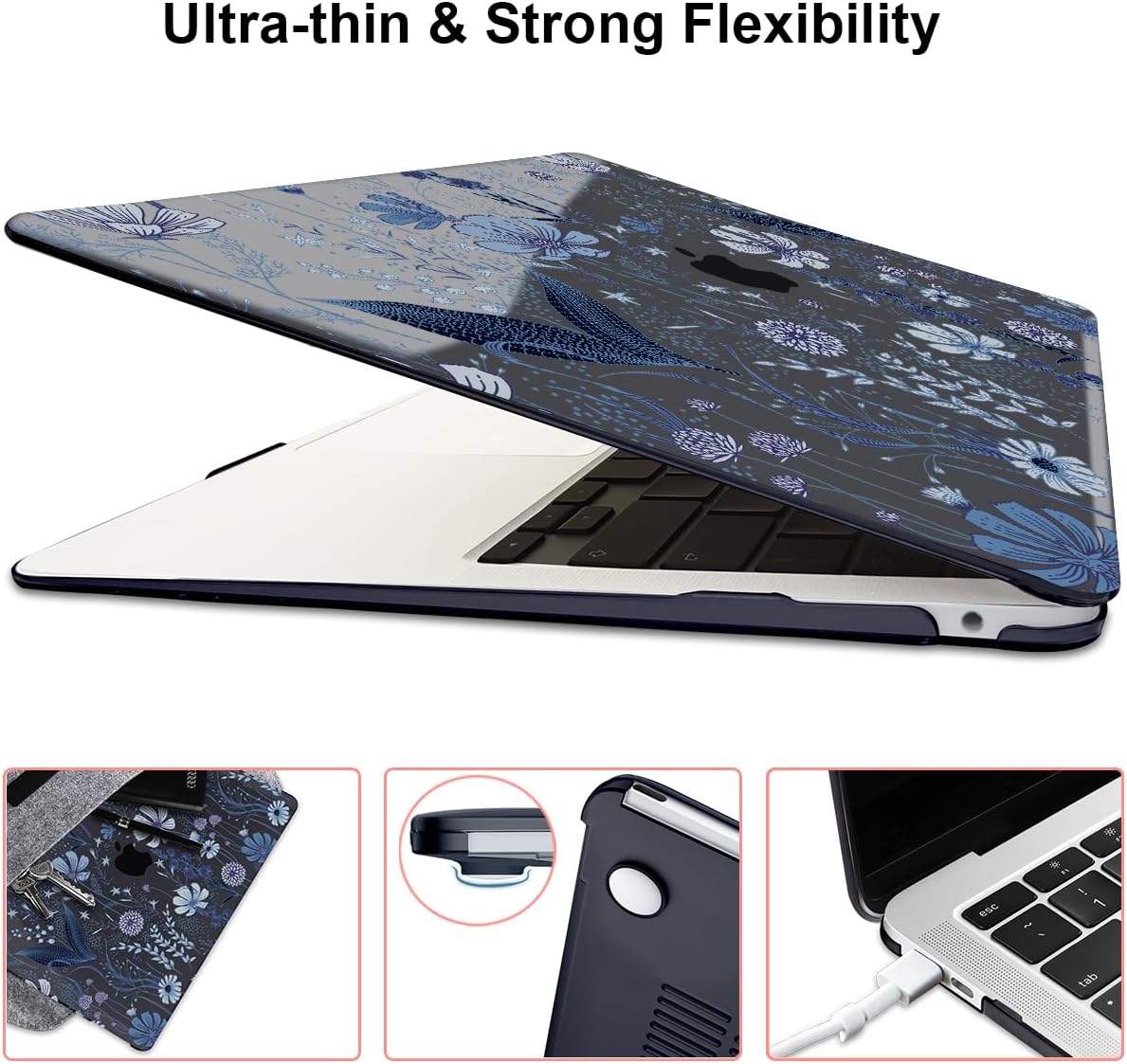 for 2018 2019 2020 2021 MacBook Air 13 Inch Case M1 A2337 A2179 A1932, Pattern Plastic Hard Shell Case Cover for MacBook Air 13.3 M1 with Retina Display & Touch ID, Wild Flowers Black