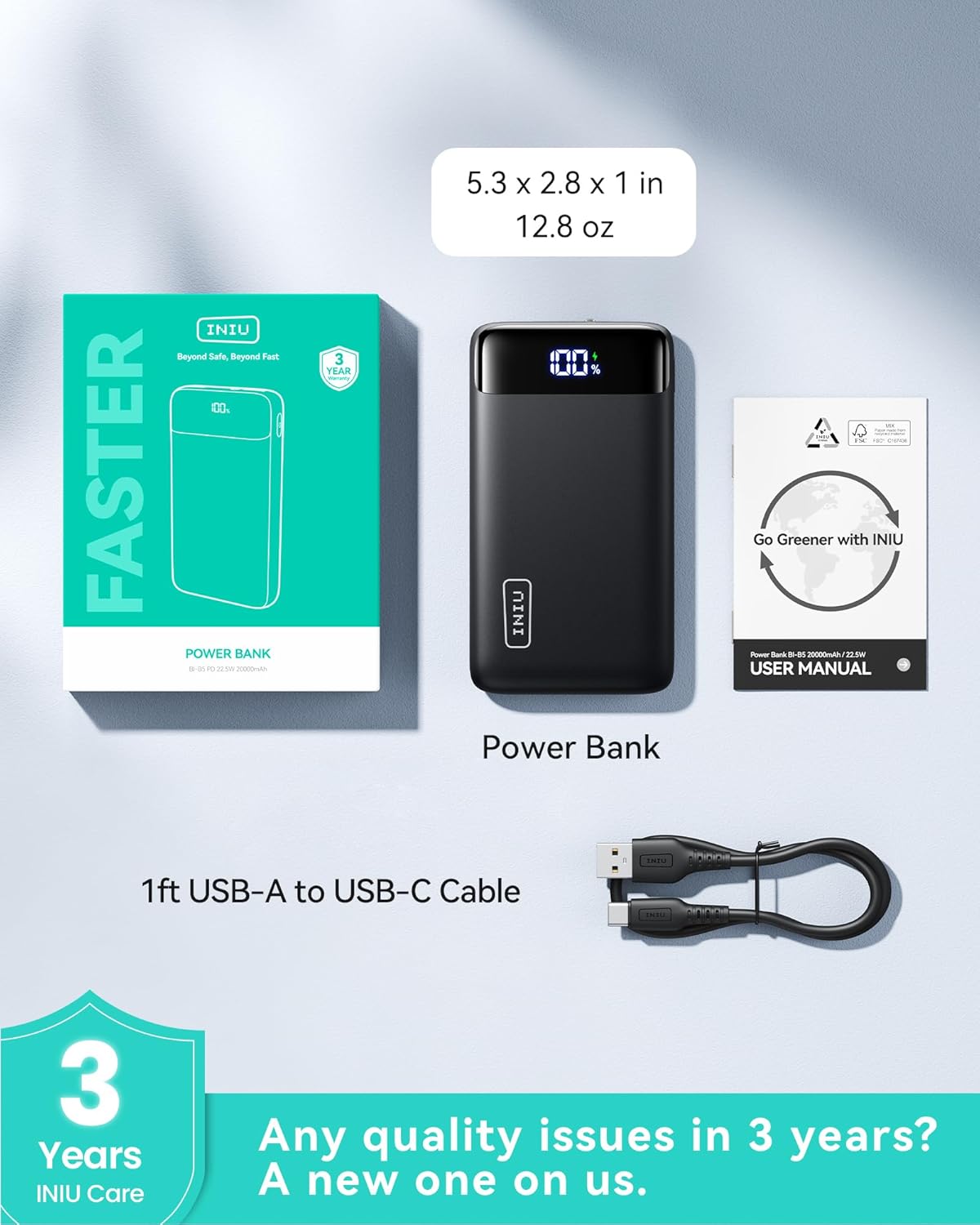 INIU Portable Charger, 22.5W 20000mAh USB C in & Out Power Bank Fast Charging, PD 3.0+QC 4.0 LED Display Phone Battery Pack Compatible with iPhone 16 15 14 13 Pro Samsung S23 Google iPad Tablet, etc