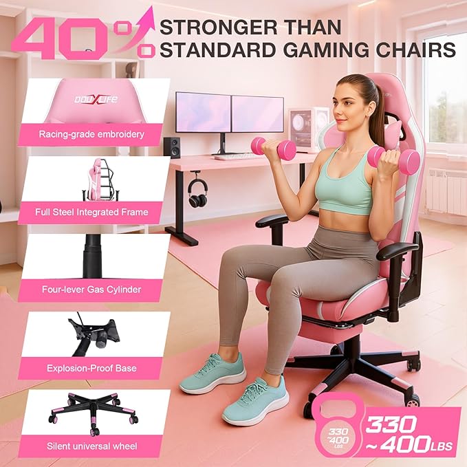 Douxlife 7-Point Massage Gaming Chair with Footrest 400lbs Heavy Duty Ergonomic Computer Chair 175° Reclining High Back Racing Seat for Adults with Adjustable Armrests & Lumbar Support Pink