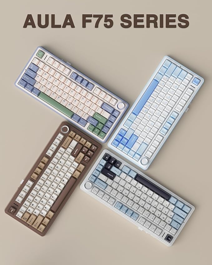 AULA F75 75% Wireless Mechanical Keyboard Hot Swappable Creamy Keyboard Pre-lubed Linear Switches 2.4GHz/Type-C/BT5.0 RGB Backlit Gaming Keyboards(White&Brown)