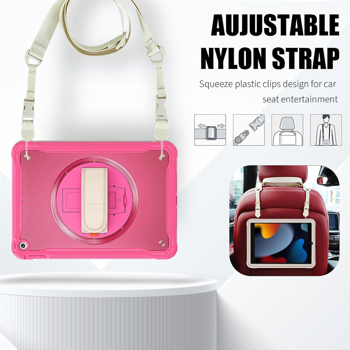 ZenRich Clear Case for iPad 9th/8th/7th Generation 10.2 inch 2021/2020/2019, Shockproof Slim Hard Case with Pencil Holder/360°Rotating Kickstand/Handle/Carrying Strap, Rose