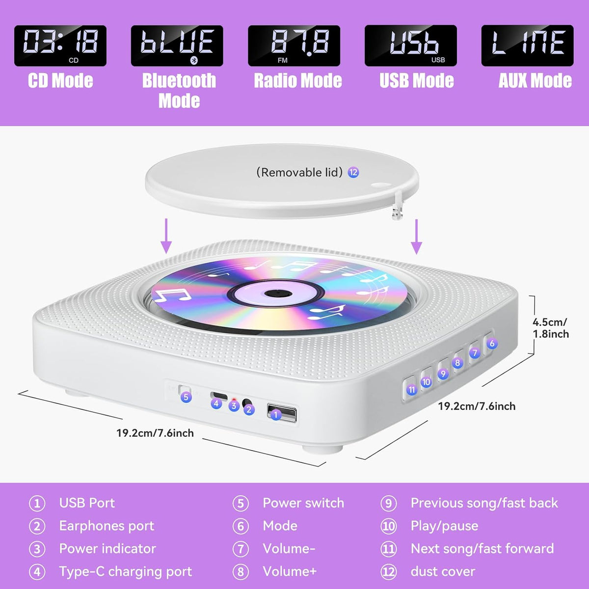 Gueray 1800mAh CD Player Portable with Bluetooth Wall Mountable, CD Music Battery Operated Players for Home