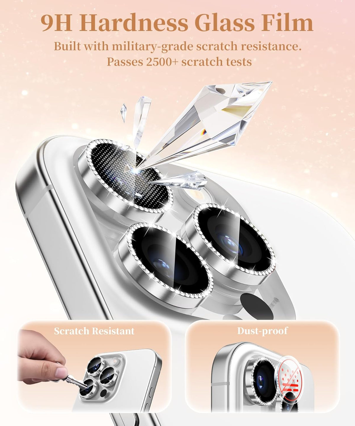 GolbinBox Camera Lens Protector for iPhone 16 Pro Max/16 Pro, 1:1 Invisible Fit, 9H Tempered Glass Ultra HD Metal Individual Camera Cover Screen Protectors for Women, Case Friendly, Bling/Sliver