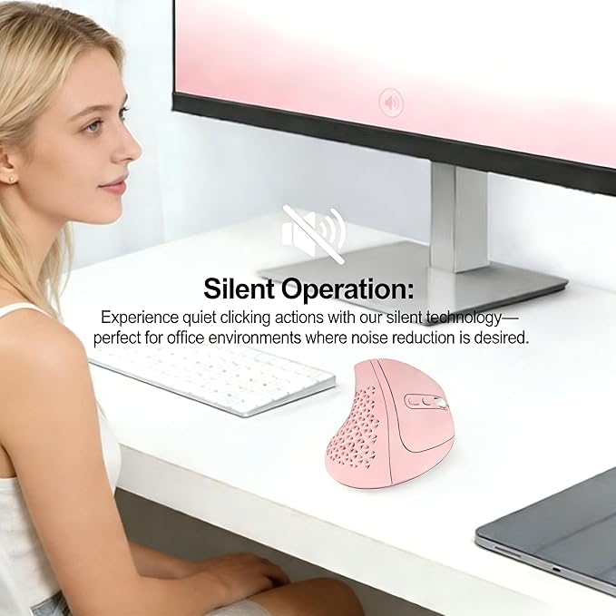 Bluetooth Wireless Dual-Mode Vertical Mouse - Silent Click Ergonomic Comfort for Office & Home Use Rechargeable with LED Breathing Light Compatible with Multiple Devices (Pink)