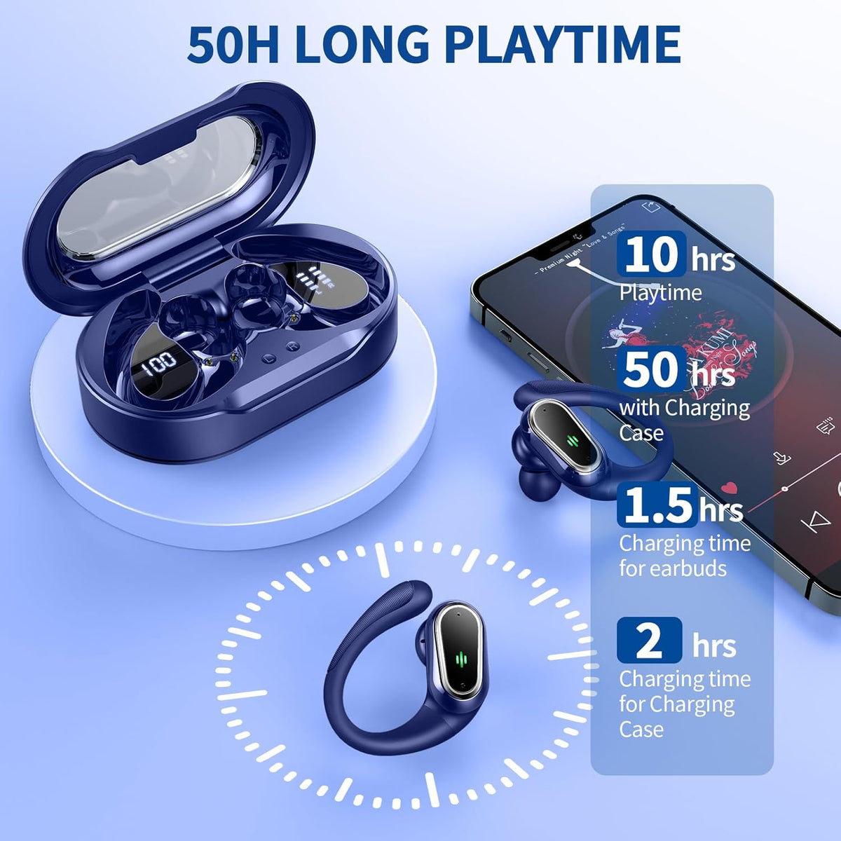 Wireless Earbuds, 2025 Bluetooth 5.4 Headphones Sport, Bluetooth Earbuds with ENC Noise Canceling Mic, 50H Stereo Wireless Headphones IP7 Waterproof with Earhooks, Dual LED Display for Workout/Running