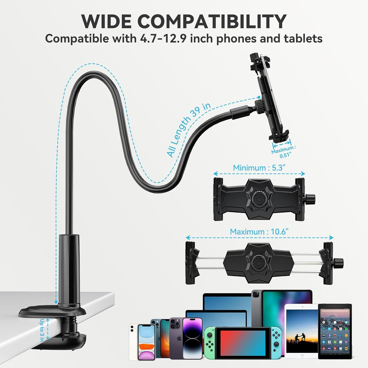 KDD Gooseneck Tablet Stand, 360° Adjustable Phone & iPad Holder for Bed and Desk, Flexible Arm Mount Clip for Video Recording, Bedside & Headboard Clamp for iPad Pro 12.9, Mini, Switch