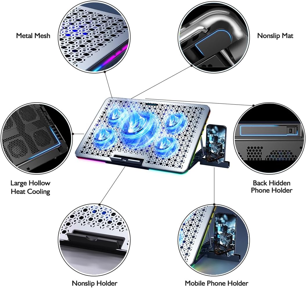 LIANGSTAR Laptop Cooling Pad, Laptop Cooler Gaming 5 Quiet Fans with Large Metal Plate for 12-17.3 Inch Fan Stable Stand, 4 Modes RGB Light, 7 Height & Adjust Speed, 2 USB Port & Phone Holder