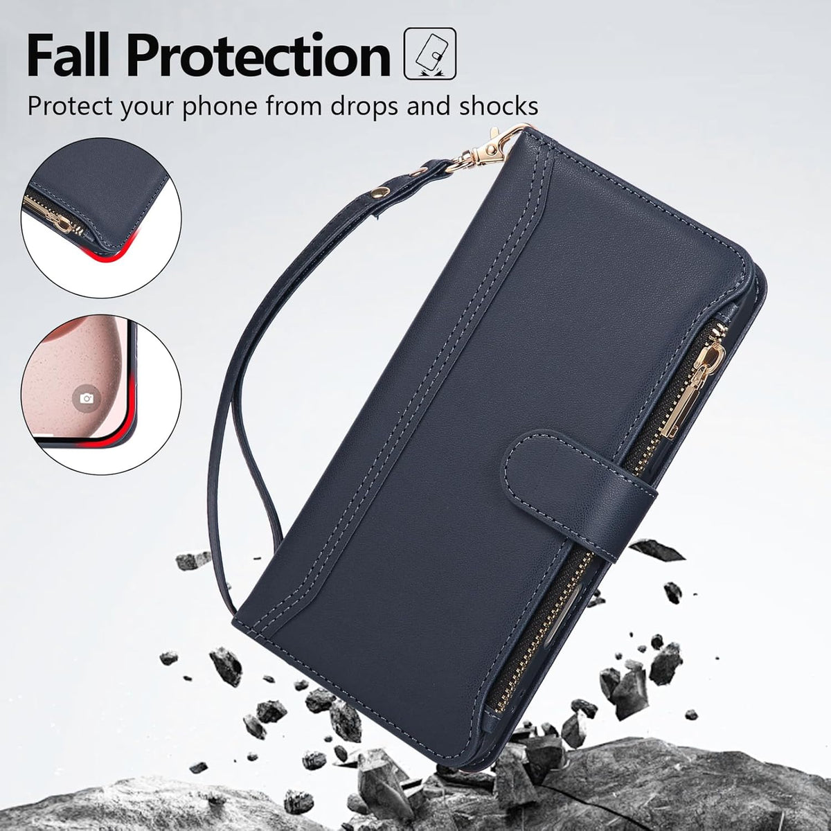 Compatible with iPhone 15 Wallet Phone Case-PU Leather Magnetic Flip Cover with Credit Card Slots,Zipper Pocket & Detachable Wrist Strap,Shockproof Design,for Women and Men-Navy Blue