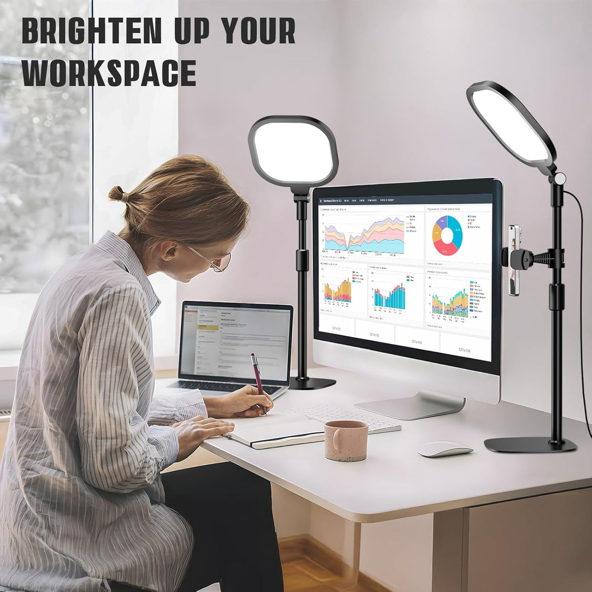 2 Packs Video Conference Lighting Kits, Dimmable Desk Ring Light with Stand and Phone Holder, Computer Laptop Light for Zoom Meeting, Video Calls, Live Streaming, Podcasting, Video Recoring