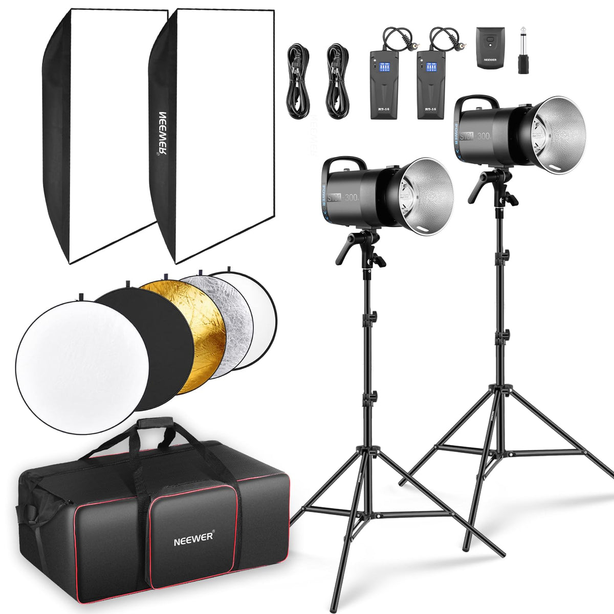NEEWER 600Ws Studio Monolight Flash Light Kit: 2 Pack S101-300W 5600K Strobe Lights with 150W Modeling Lamps/Bowens Mount/Softbo
