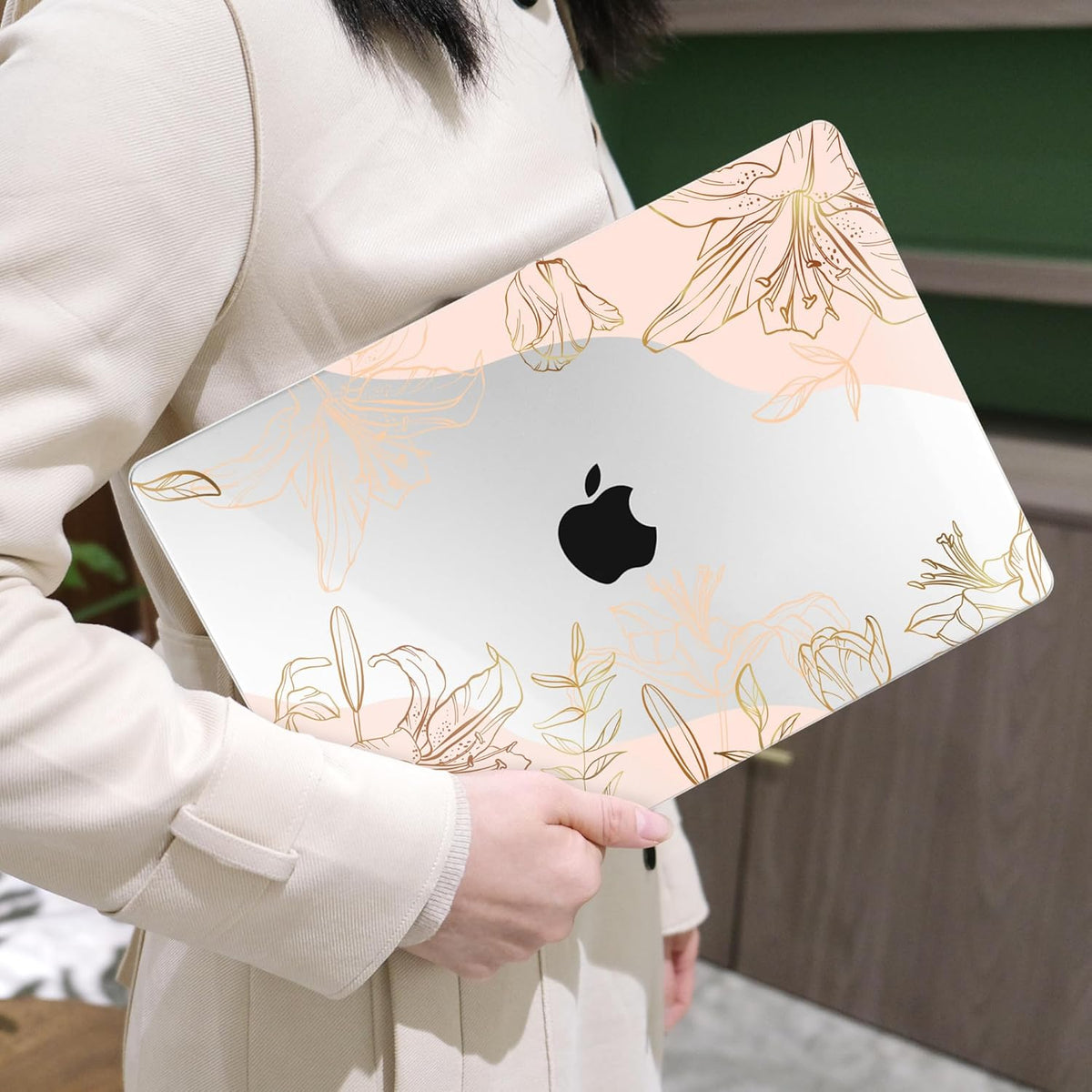 MEEgoodo for MacBook Air 13 inch Case 2021 2020 2019 2018 Released A2337 M1 A2179 A1932 with Touch ID, Plastic Hard Shell & Keyboard Cover Compatible with MacBook Air Case 13.3, Gold Flowers Lilies
