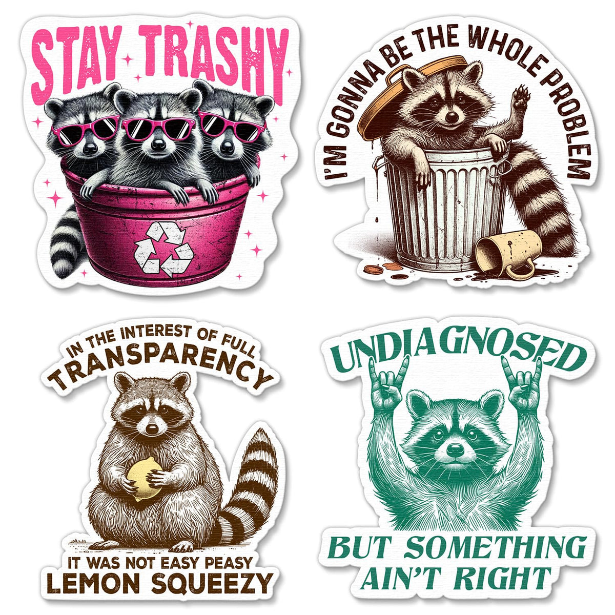 (4 Pcs) Funny Raccoon Sticker - Raccoon Gift, Stay Trashy, Sarcastic Humor Sticker for Laptop, Water Bottle, Phone, Journaling,