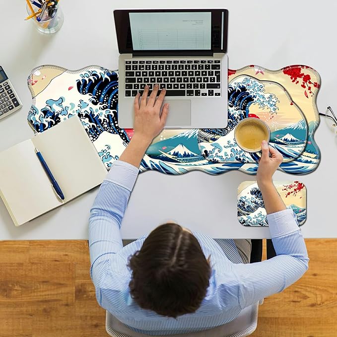 3-Piece Ergonomic Desk Mat and Cloud Wrist Rest Set Large 31.5 x 11.8 Wave Office Desk Pad with Memory Foam Support Non-Slip PU Computer Protector for Home Gaming & Writing Sunset Wave