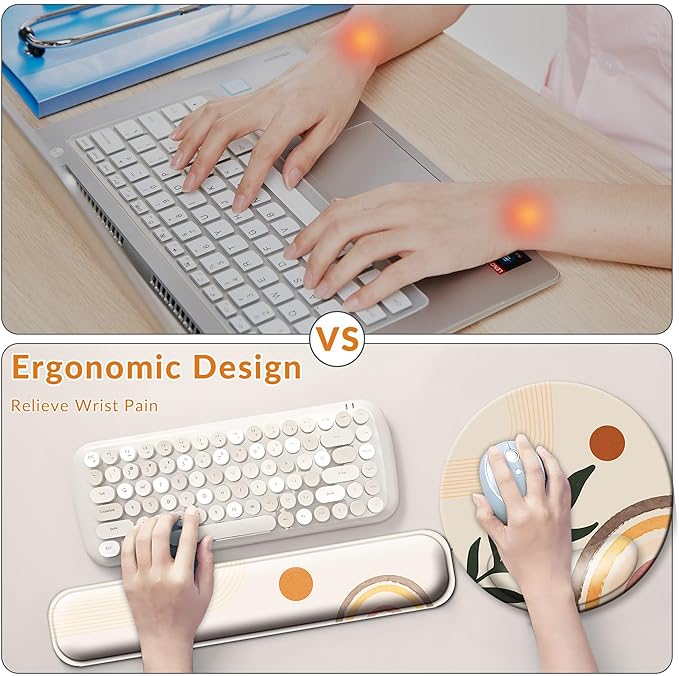 Desk Mat Set + Keyboard and Mouse Pad with Wrist Rest Support4-in-1 Large Mousepad Computer Mats for Desktop Home & Office-Boho Leaves