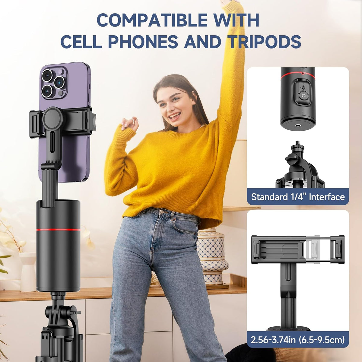 Auto Face Tracking Tripod, No App, Smart Shooting Phone Holder with Remote, 360° Rotation Body Phone Camera Mount with Phone Holder Body Smart Tracking Tripod for Vlog/TIK Tok, Rechargeable Battery