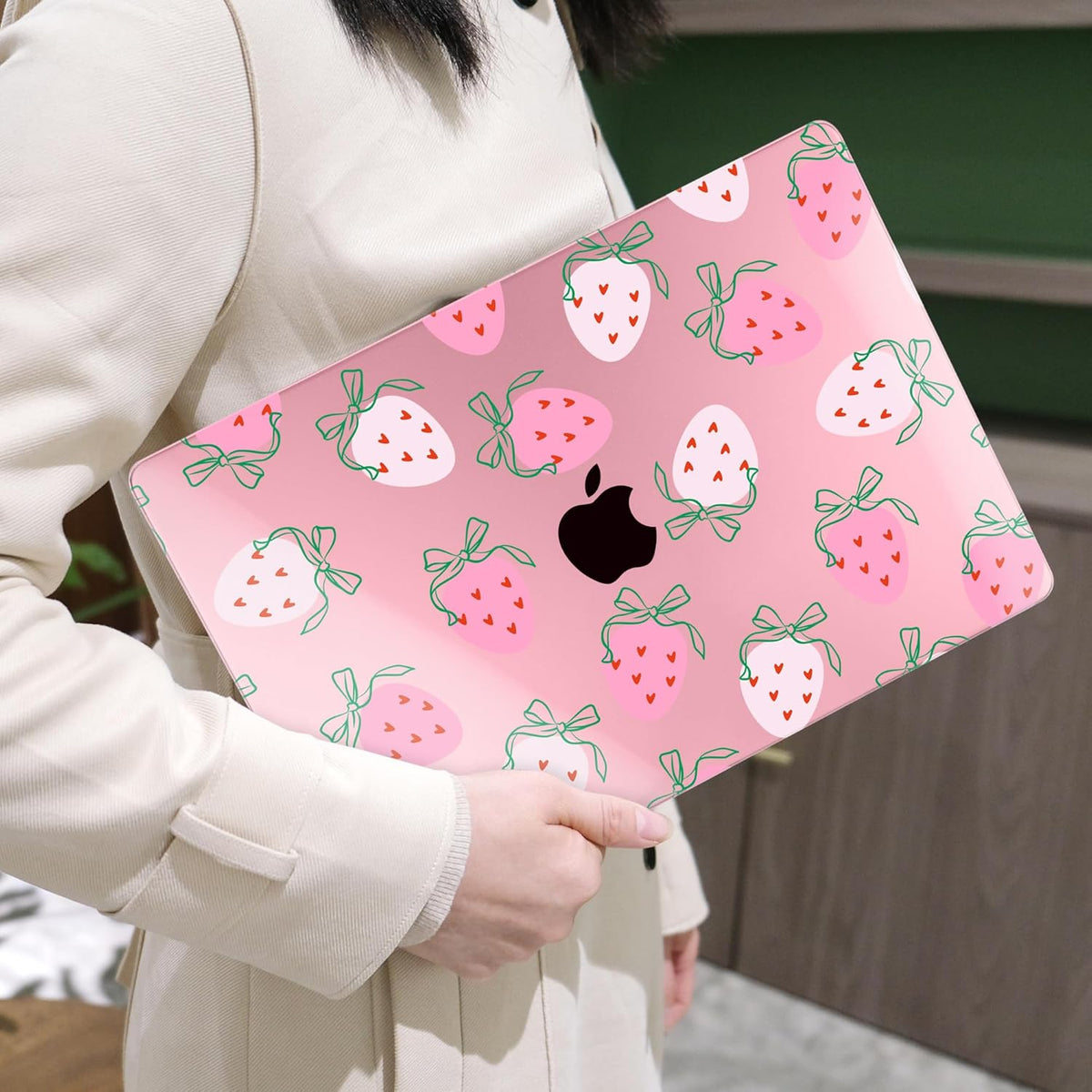 MEEgoodo for MacBook Air 13 inch Case 2021 2020 2019 2018 Released A2337 M1 A2179 A1932 with Touch ID, Plastic Hard Shell & Keyboard Cover Compatible with MacBook Air Case 13.3, Strawberry & Bow