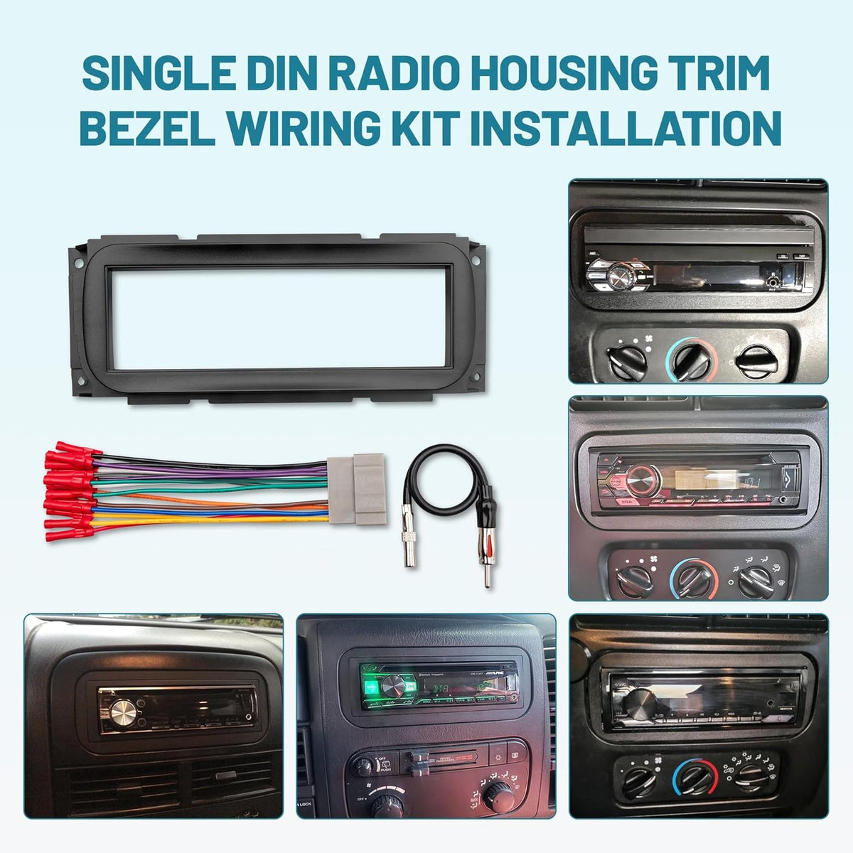 2002-2007 NuIth Single DIN Radio Dash Kit W/Radio Wiring Antenna Adapter for Select Chrysler/Dodge/Jeep, Single Din