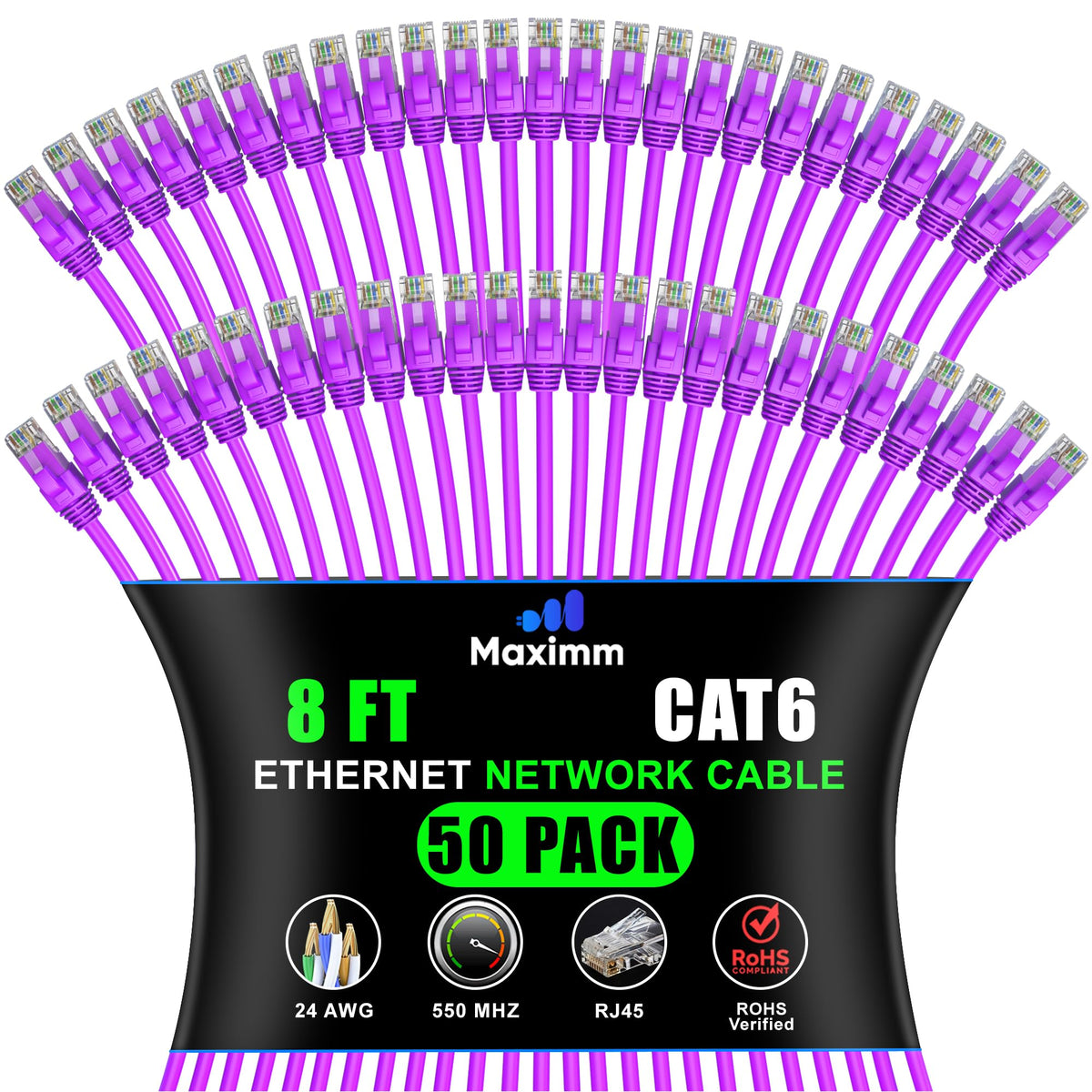 Maximm Cat 6 Ethernet Cable 8 Ft (50-Pack) - High-Speed LAN, Internet, Patch, and Network Cord - UTP, 10Gbps, 550MHz - Purple