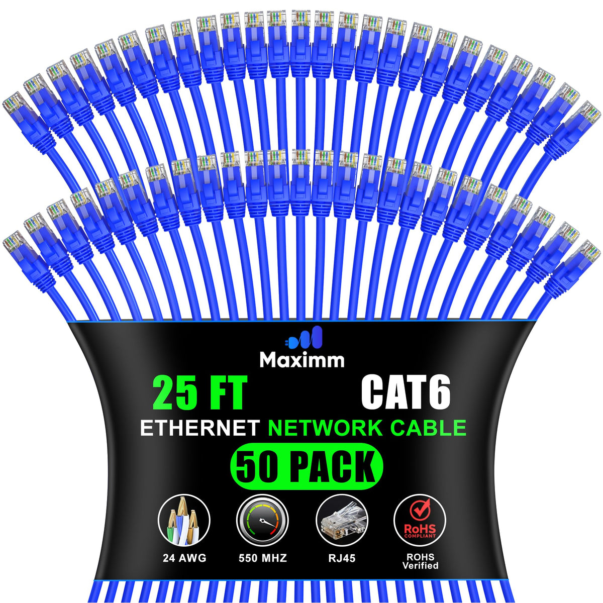 Maximm Cat 6 Ethernet Cable - 25 ft (50-Pack) - High-Speed LAN, Internet, Patch, Network Cable - UTP, 10Gbps, 550MHz Ethernet Co