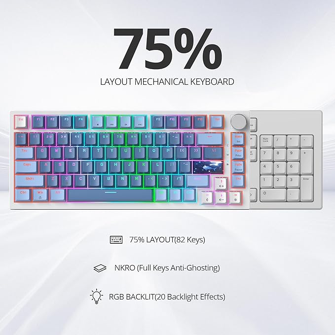 75% TKL Wired Mechanical KeyboardRGB Backlit Gasket Mount 82 Key Hot Swappable Custom Linear Red Switch Gaming Keyboard with Volume Knob & PBT Keycaps (82 Sea Fog Blue)