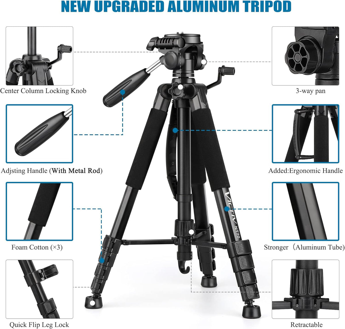 VICTIV 74” Camera Tripod, Tripod for Camera and Phone, Aluminum Professional Tripod Stand for Canon Nikon with Carry Bag and Phone Holder, Compatible with DSLR, iPhone, Spotting Scopes, Max Load 9.5Lb