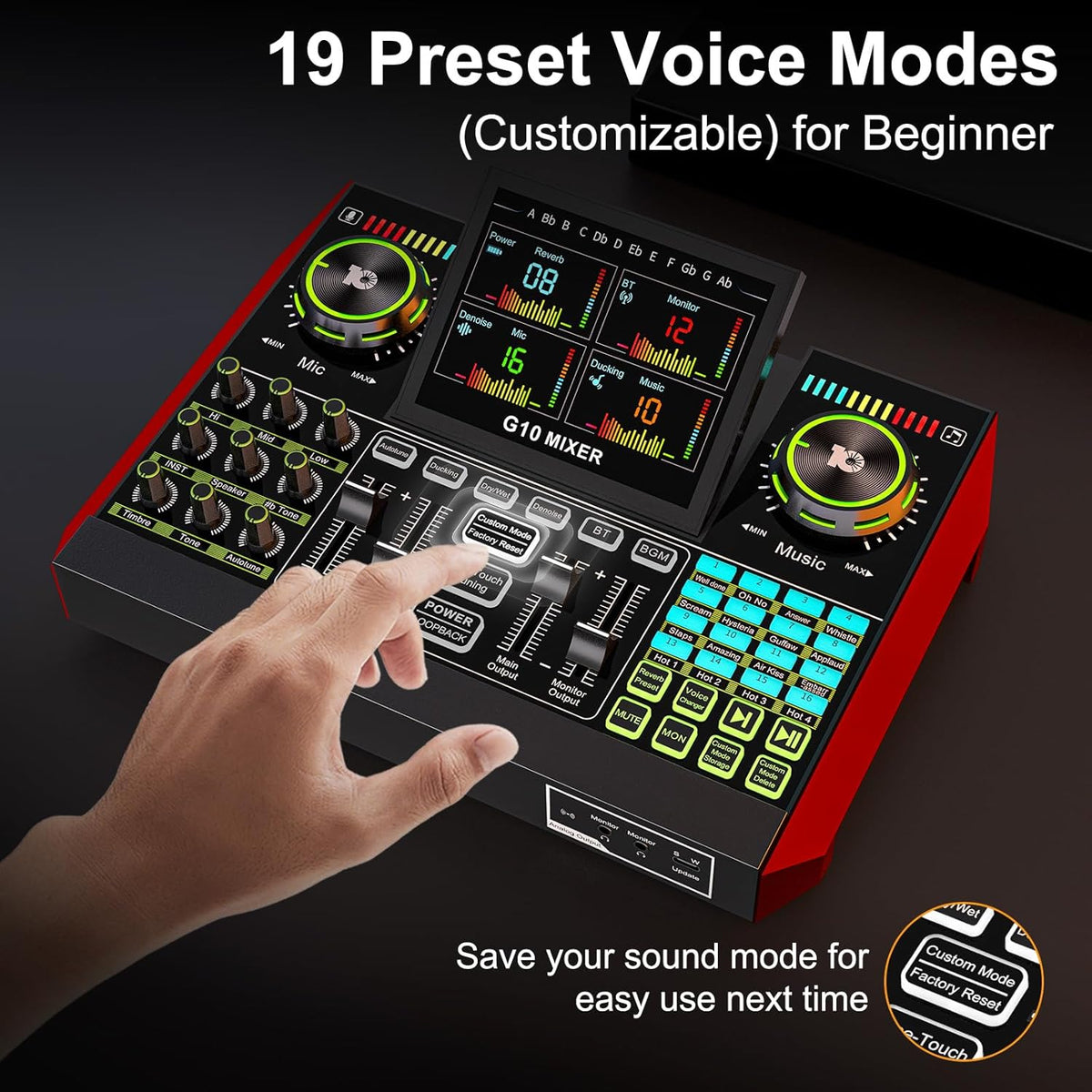 Audio Mixer, Sound Board for Pc/Phone Live Streaming Singing Gaming, Sound Mixer for 3.5mm/Xlr Dynamic/48V Microphone, Live Sound Card with DJ Mixer Effects & Voice Changer, Denoise, One Click Mute