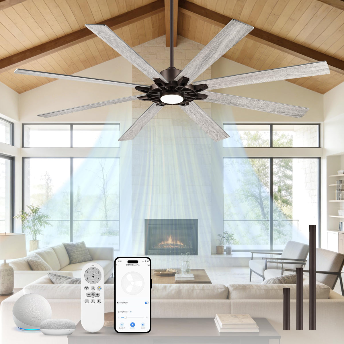 JAZAVA 84 Inch Ceiling Fan with Light,Large Outdoor Ceiling Fan for High Ceilings,Smart Ceiling Fan Compatible with Alexa,Modern