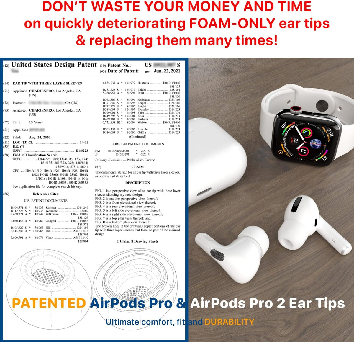 Patented Design Memory Foam Ear Tips for AirPods Pro and AirPods Pro 2 w/Silicone Shield. AirFoams Pro Active 2.0 Lasts 5X Longer. Replacement Tip. As seen on Kickstarter. (S/M/L, White)