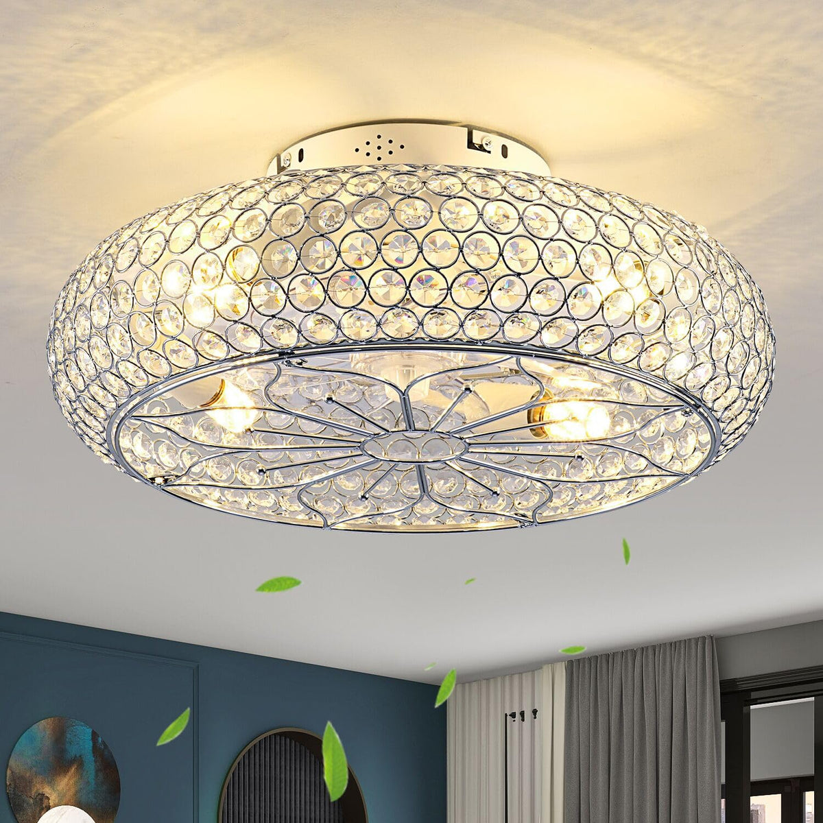 jarensen 20 Crystal Ceiling Fan with Lights - Enclosed Bladeless Design, Reversible DC Motor & Remote, 6-Speed Quiet, Flush Moun