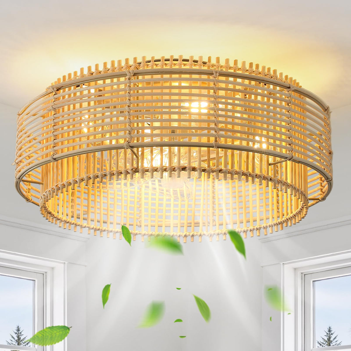 Rattan Boho Ceiling Fans Lights: 19.3 Low Profile Layered Ceiling Fans with Light & Remote Control Flush Mount Modern Fandelie
