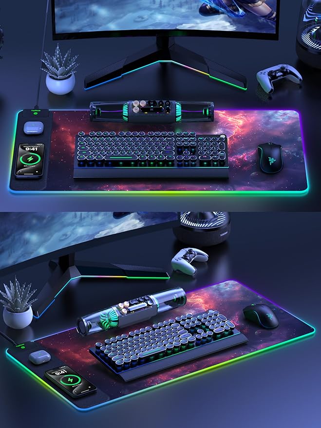 TopMade Wireless Charging Mouse Pad RGB Gaming Mousepad Home Office Desk Pad 31.5” x 15.8” Large Desk Mat Waterproof Keyboard Pad Galaxy Nebula (Includes 20W PD Power Adapter & 6.56ft Woven Ca