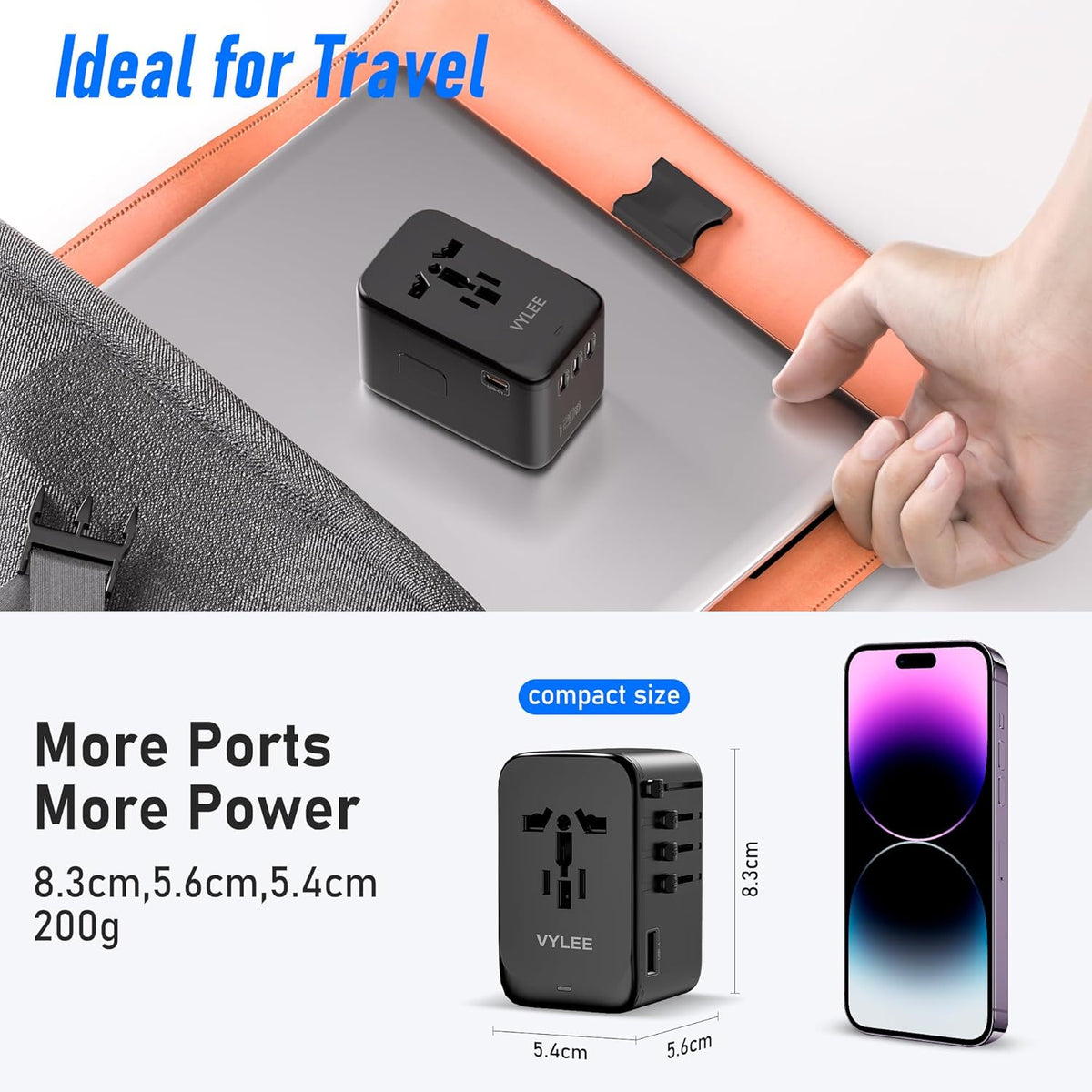 120W Universal Travel Adapter, GaN III International Power Adapter, 4 USB-C 1 USB-A Ports, AC Outlet, Worldwide US/UK/EU/AU Travel Charger for Cameras Laptops Tablets Phones and More