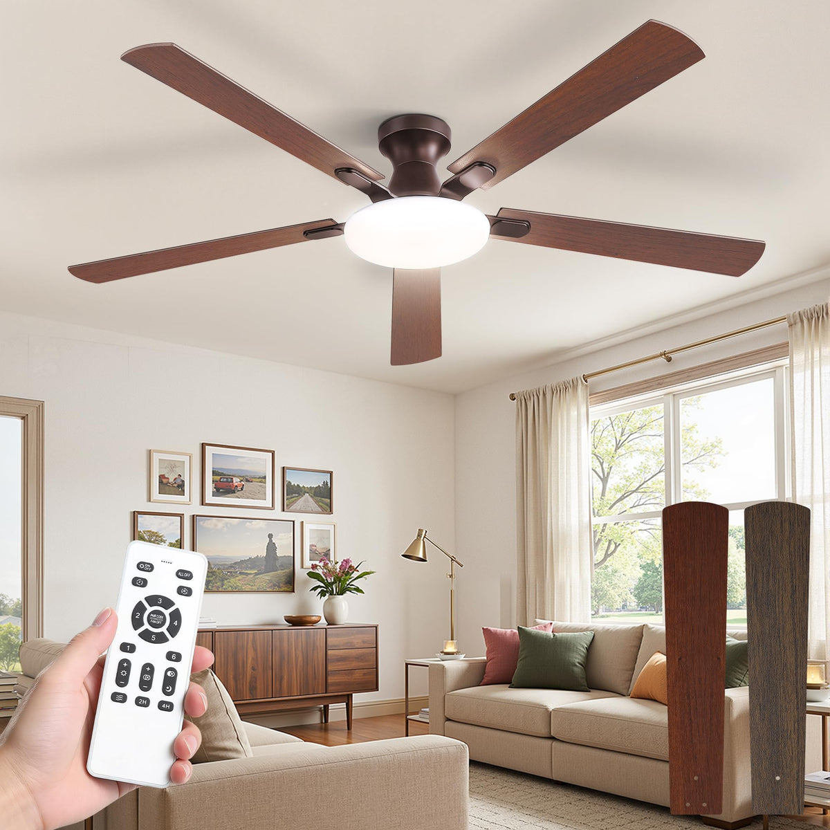 60 Inch Ceiling Fan with Lights and Remote, 30W 12 LED Panel Flush Mount Ceiling Fan, 6-Speed Quiet DC Motor Modern Low Profile