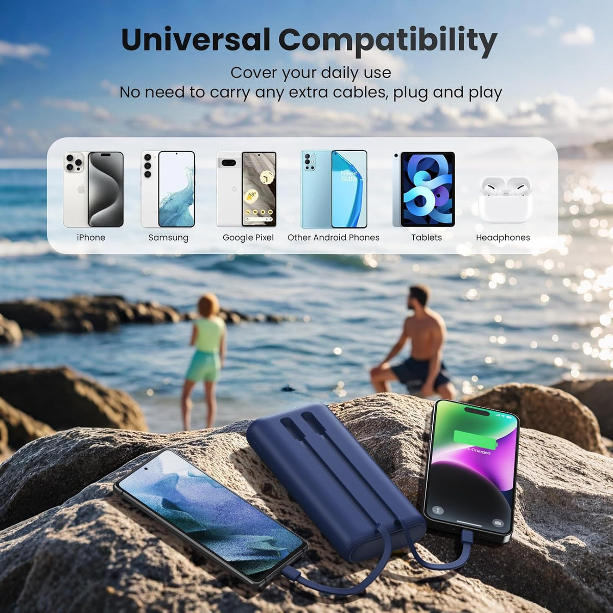 Upgraded Portable Charger 40800mAh Power Bank - Portable Battery with 2 Built in Cables,PD 25W USB C Fast Charging, 5 Outputs Battery Pack Compatible with iPhone 16 15 14 Android Phone etc-Navy