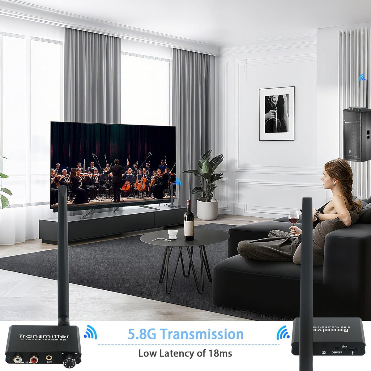 5.8GHz Wireless Audio Transmitter Receiver,164Ft/50M Long Range 18ms Low Latency, RCA / 3.5mm AUX Input/Output with Volume Adjustment Knob, Used for TV/PC/CD/Power Speaker/Soundbar/Headphones