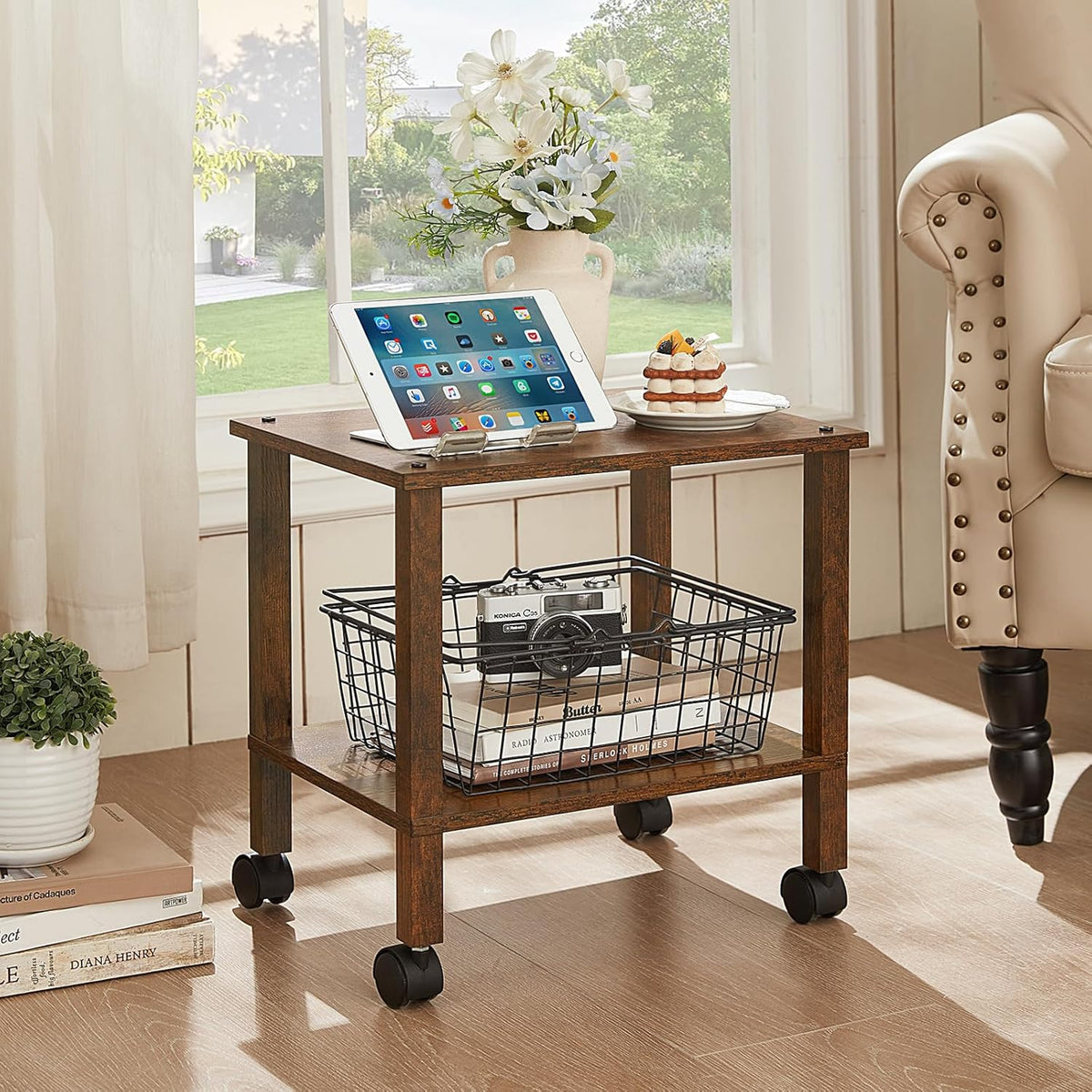 2 Tier Printer Stand with Storage,Under Desk Shelf Printer Table, Rolling Printer Cart for Office,Home,Brown