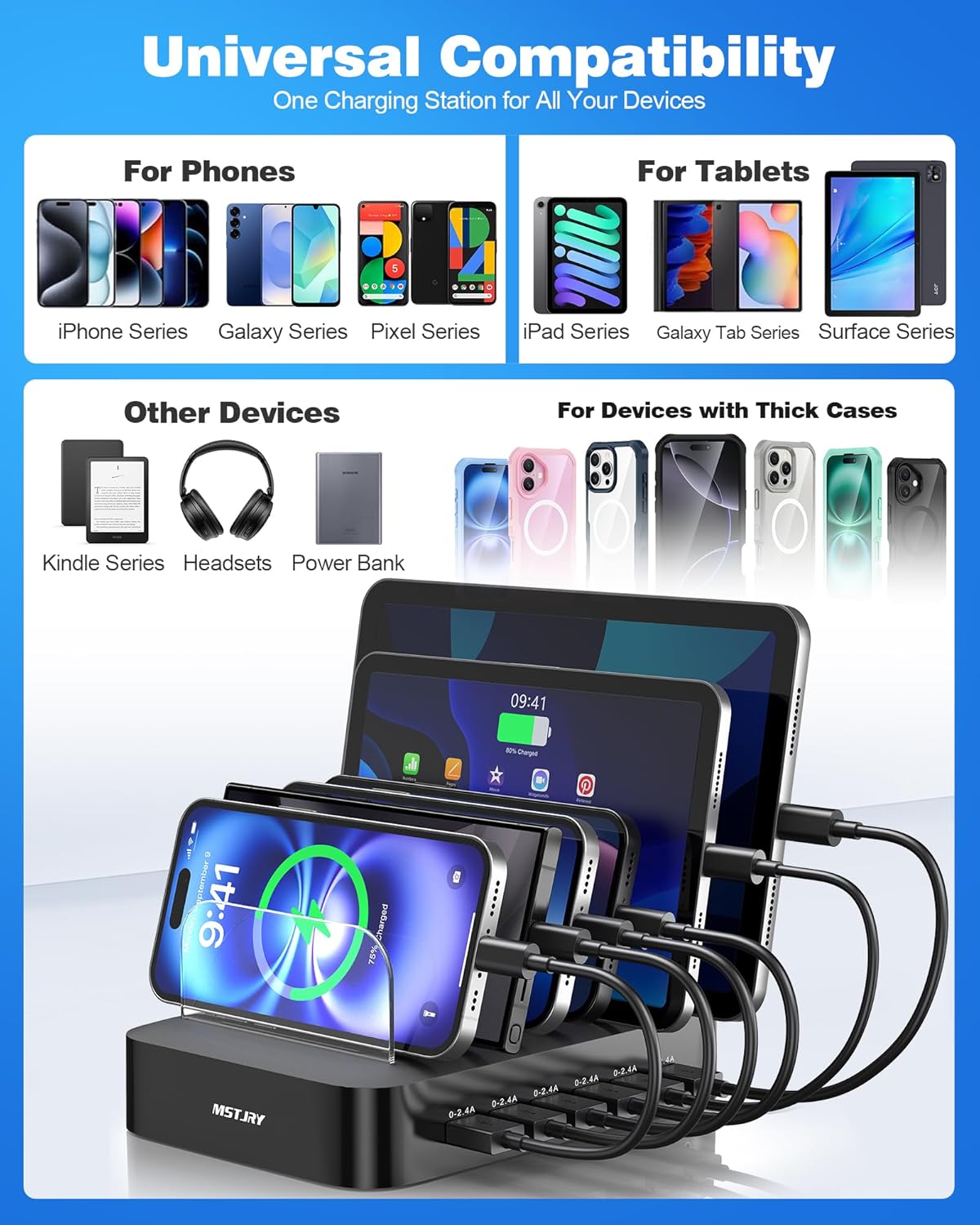 MSTJRY Charging Station for Multiple Devices : 6 Port USB Charger Stations - Family Multi-Device Organizer Charging Dock - Designed for iPhone iPad Android Cell Phone Tablet and Electronic, Black