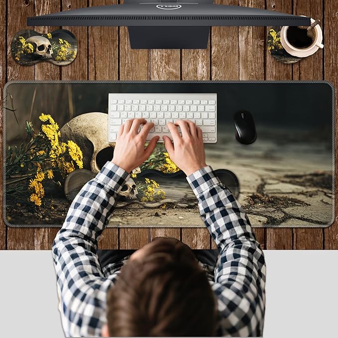 Ergonomic Keyboard Wrist Rest & Mouse Pad Wrist Rest SetXL Gaming Desk Mat 31.5x 11.8Non-Slip BaseMemory FoamEasy Typing Pain Relief for Office & HomeSkull Wildflowers