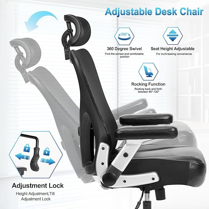 Super Big and Tall Office Chair 700lbs- Heavy Duty Executive Computer Chair with Rubber Wheels 3D Flip Arms Ergonomic Mesh High Back Desk Chair Extra Wide Seat Adjustable Lumbar Support & Headre