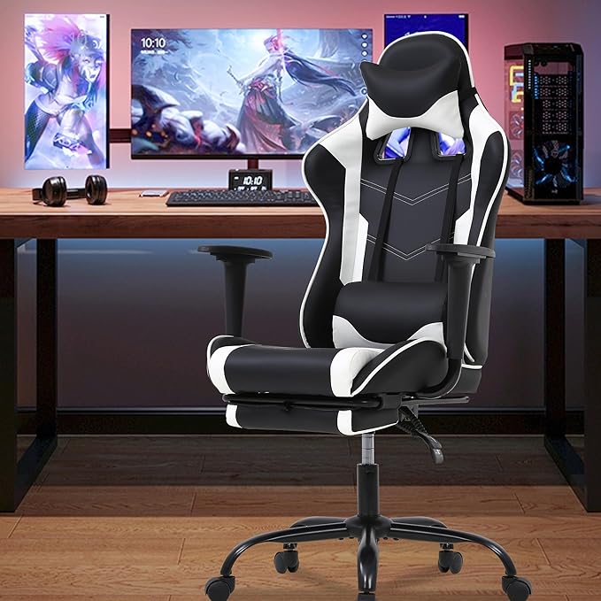 High Back PU Leather Gaming Chair with Headrest & Lumbar Support Height Adjustable Wide Seat Gamer Chair for Adults Game Chair with Footrest & Armrest
