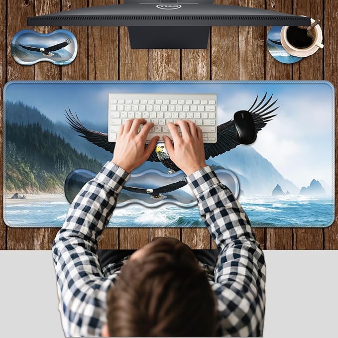 Ergonomic Keyboard Wrist Rest & Mouse Pad Wrist Rest SetXL Gaming Desk Mat 31.5x 11.8Non-Slip BaseMemory FoamEasy Typing Pain Relief for Office & HomeBald Eagle Flying Over Sea