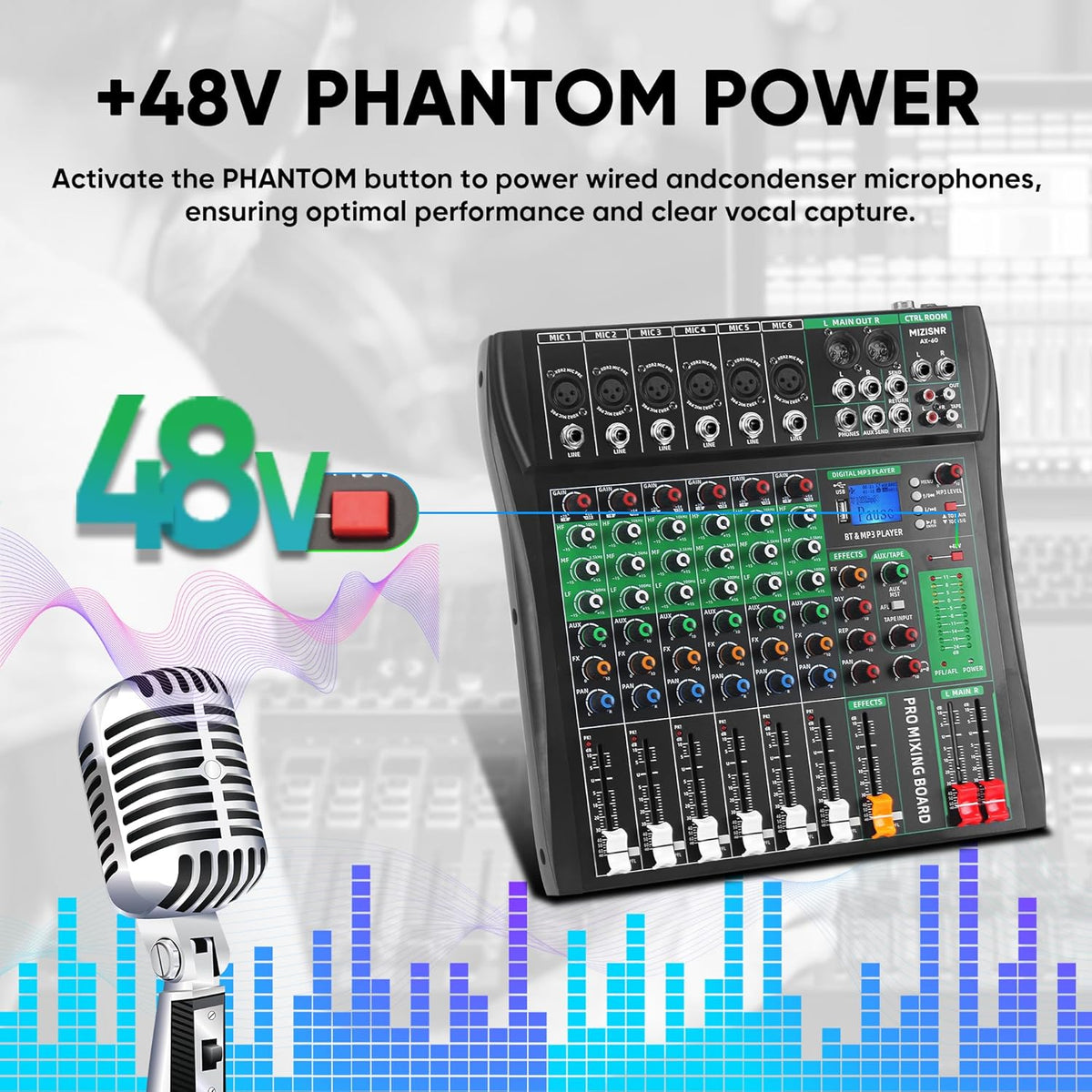 6 Channel Audio Mixer, Professional DJ Mixer Board Sound Music Mixing Console Digital Mixer with Reverb, Bluetooth, USB Port, 48V Phantom Power for Recording Karaoke Podcasting