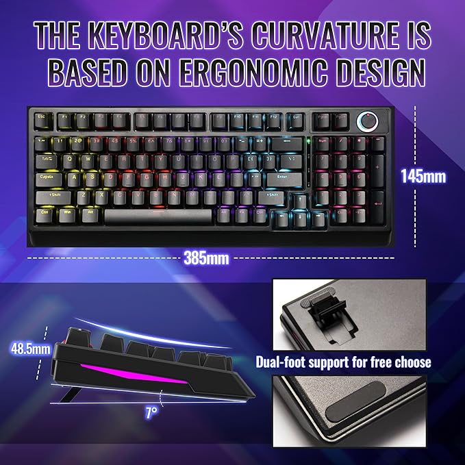 Mechanical Gaming Keyboard with Red Switches: 98 Keys PC Gaming Keyboard with BacklitMulti-Function Volume & Lighting KnobAnti-Ghosting Wired USB keybaord for Elite PC/Mac Gamers