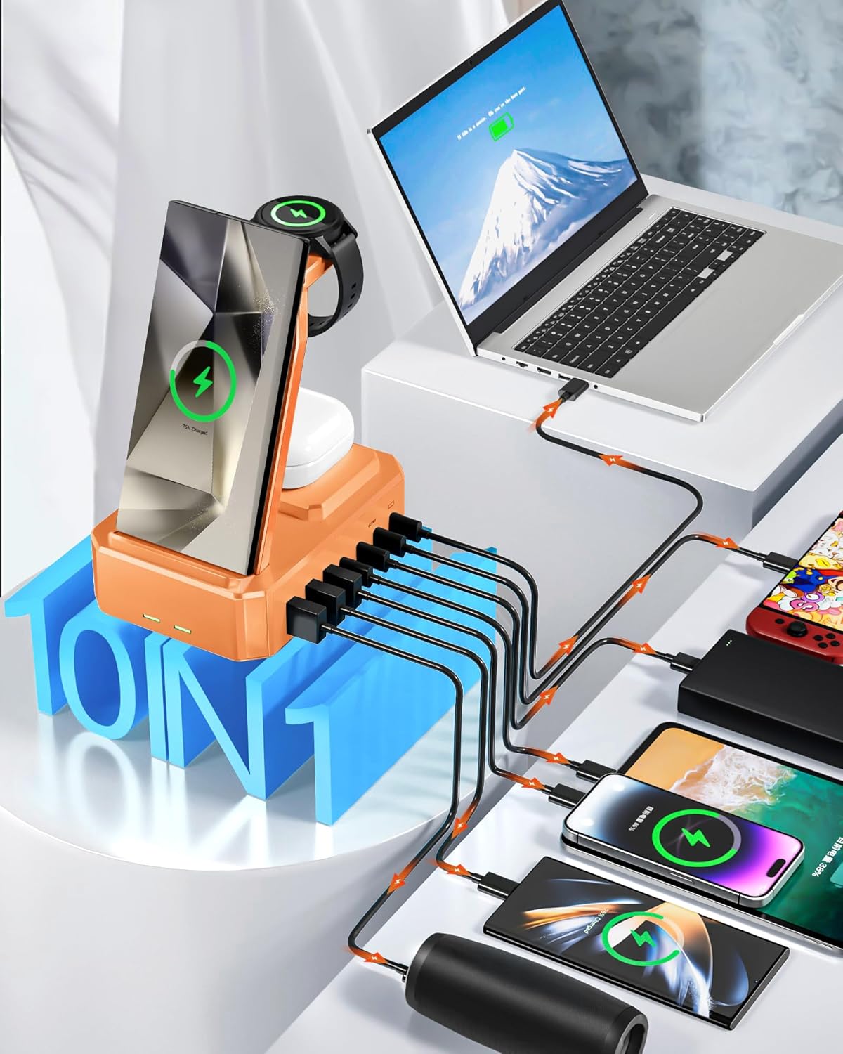 300W Wireless Charger for Samsung,Zutspzss 10 in 1 Wireless Charging Station, 65W USB C Fast Charging Stand for Samsung S25 Ultra/S24/S23/S22/Z Fold,Galaxy Watch Ultra7/6/5,Galaxy Buds,Orange