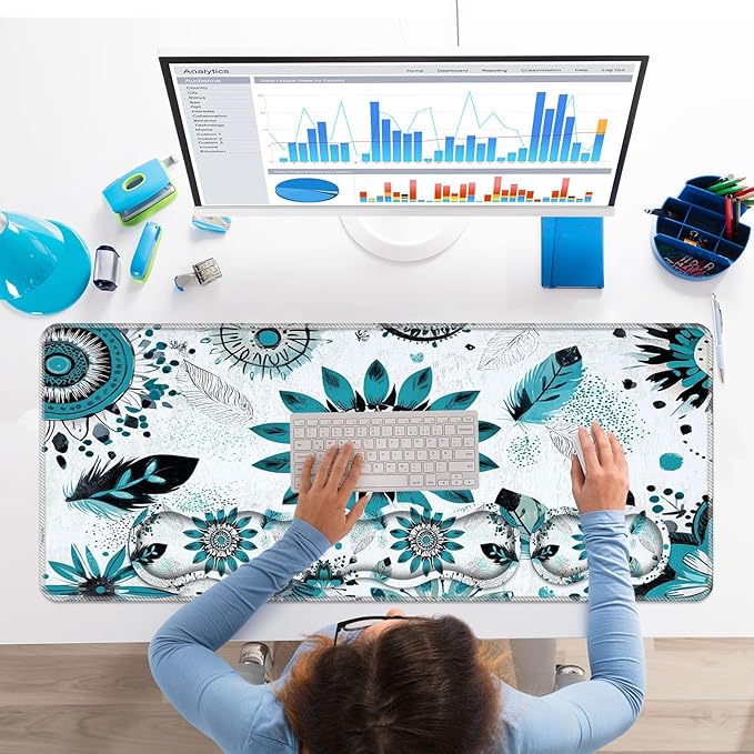 Keyboard Wrist Rest SetMemory Foam Wrist Support Mouse Pad31.5x11.8 Desk Mat for Comfortable Typing & Pain ReliefNon-Slip Base for Office & Home Use - Floral Feather