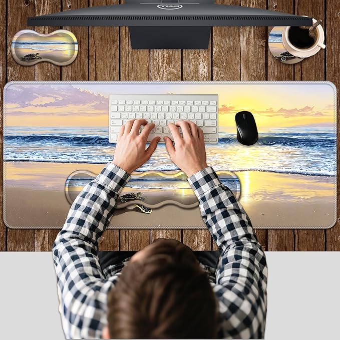 Ergonomic Keyboard Wrist Rest & Mouse Pad Wrist Rest SetXL Gaming Desk Mat 31.5x 11.8Non-Slip BaseMemory FoamEasy Typing Pain Relief for Office & HomeSea Turtle on Beach Sunset